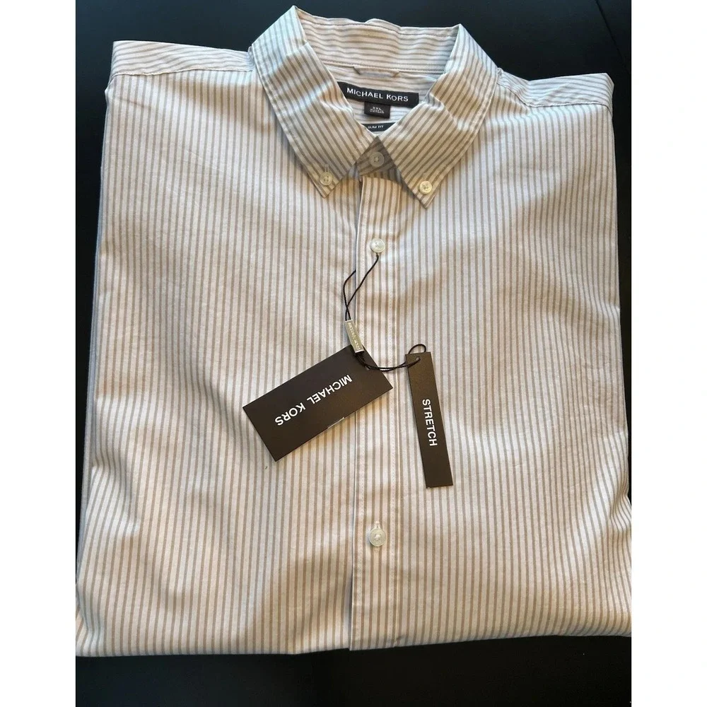 New Michael Kors Button Down Shirt 2XL Beige Stripe Cotton Elastane Stretch - Picture 2 of 13